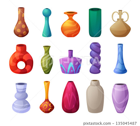 Clay pottery. Colorful decorative vases collection exact vector pottery set isolated 135045487