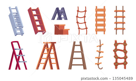 Rope ladders. Climbing tools collection of different wooden ladders exact vector cartoon set isolated 135045489
