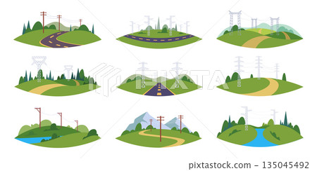High voltage towers. Urban energy infrastructure towers of electricity outdoor valley exact vector cartoon set High voltage towers. Urban energy infrastructure towers of electricity outdoor valley exact vector cartoon set 135045492