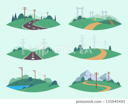Energy wire. Landscape backgrounds with high voltage towers urban infrastructure outdoor in valley exact vector pictures of energy network 135045493