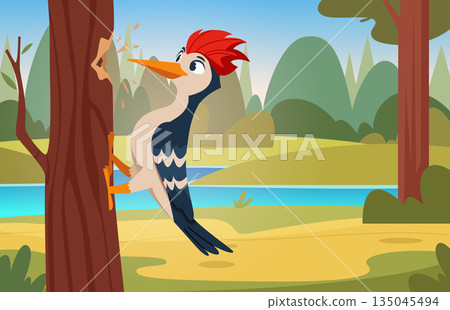 Woodpecker in forest. Flying cartoon bird mascot exact vector forest landscape with woodpecker 135045494