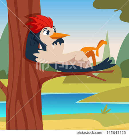 Woodpecker. happy cartoon wild bird relax on trees branches. vector background with woodpecker 135045523