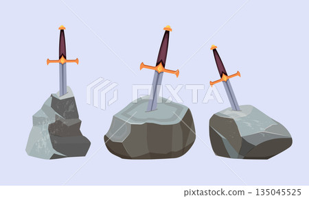 Sword in stone. fabulous set of swords immured in rocks 135045525