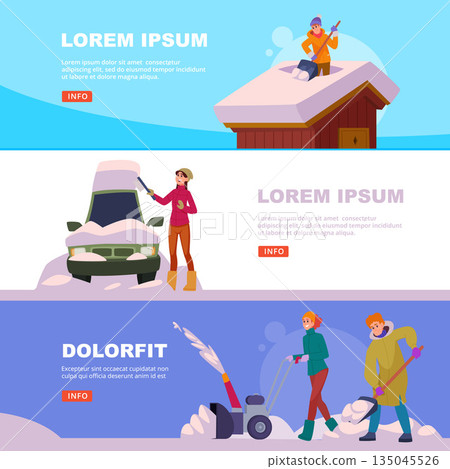 Snow time. vector banners with People shoveling snow on streets 135045526