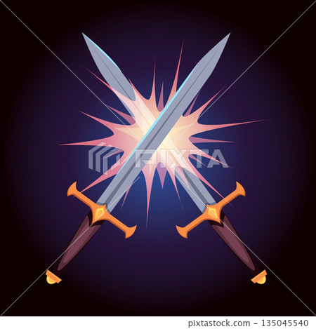 Crossed swords. concept of fairytale knight battles on swords Crossed swords. concept of fairytale knight battles on swords 135045540