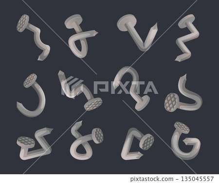 Crooked nails. damaged steel nails of different shapes Crooked nails. damaged steel nails of different shapes 135045557