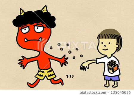 節分插圖,背景為日式紙張:紅色惡魔和孩子們逃離丟豆子的攻擊 節分插圖,背景為日式紙張:紅色惡魔和孩子們逃離丟豆子的攻擊 135045635