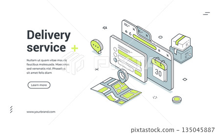 Delivery service logistic distribution company workflow isometric web banner design template vector Delivery service logistic distribution company workflow isometric web banner design template vector 135045887