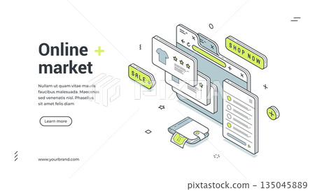 Online shopping market marketplace order isometric web banner design template vector Online shopping market marketplace order isometric web banner design template vector 135045889