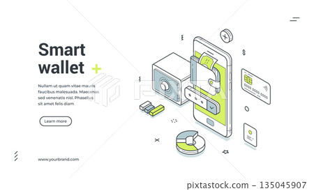 Smart digital wallet online banking mobile app isometric web banner design template vector 135045907