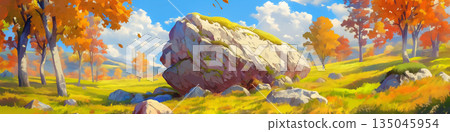 Autumn landscape with large rocks on a meadow, anime style 135045954
