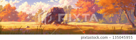 Autumn forest landscape with large rocks, anime style Autumn forest landscape with large rocks, anime style 135045955