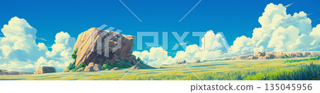Anime-style landscape with cumulonimbus clouds and large rocks 135045956