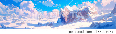 Landscape with large rocks in snowy mountains, anime style 135045964
