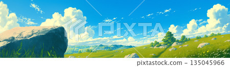 Summer landscape with blue sky and large rocks, anime style 135045966