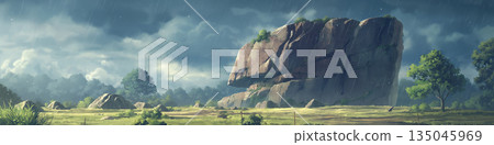 Landscape with cloudy sky and large rocks, anime style 135045969
