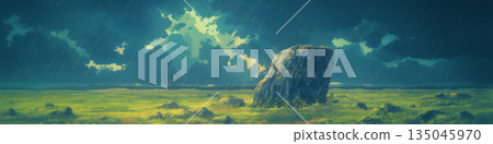 Landscape with rainy earth and large rocks, anime style Landscape with rainy earth and large rocks, anime style 135045970
