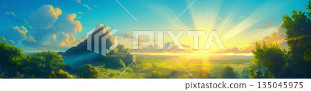 Landscape with sunrise and large rocks, anime style Landscape with sunrise and large rocks, anime style 135045975