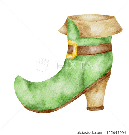 Green leprechaun shoe, isolated, hand painted watercolor clipart. Ideal for St. Patricks Day decor, Irish folklore illustrations, costume designs, and festive graphics 135045994