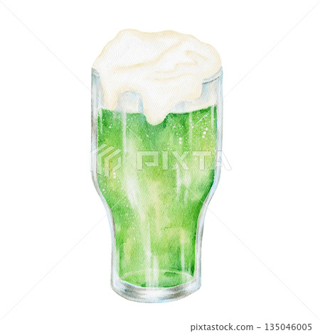 Green beer in a pint glass with foam, isolated, hand painted watercolor clipart. Ideal for St. Patricks Day celebrations, Irish pub art, party invitations, and festive drinks Green beer in a pint glass with foam, isolated, hand painted watercolor clipart. Ideal for St. Patricks Day celebrations, Irish pub art, party invitations, and festive drinks 135046005