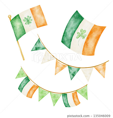 Irish flag bunting garland, isolated, hand painted watercolor clipart. Perfect for St. Patricks Day party decor, festive banners, parade illustrations, and holiday designs Irish flag bunting garland, isolated, hand painted watercolor clipart. Perfect for St. Patricks Day party decor, festive banners, parade illustrations, and holiday designs 135046009