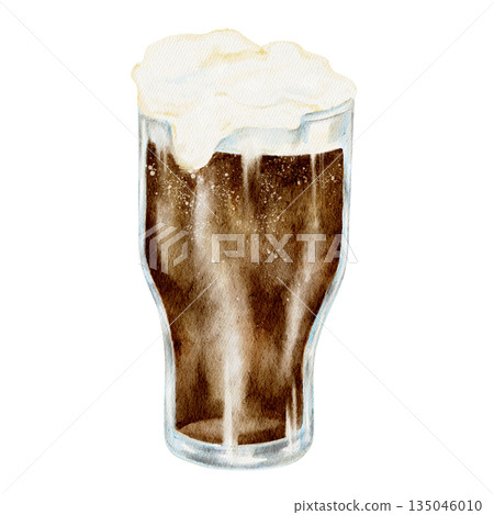 Dark beer in a pint glass with creamy foam, isolated, hand painted watercolor clipart. Great for Irish pub art, St. Patricks Day drink designs, bar menus, and festive alcohol graphics Dark beer in a pint glass with creamy foam, isolated, hand painted watercolor clipart. Great for Irish pub art, St. Patricks Day drink designs, bar menus, and festive alcohol graphics 135046010