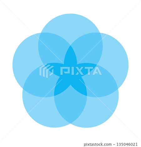 Blue five circle venn diagram forming a rounded floral intersection shape vector infographic for data balance chart model geometric business element round info design clean flat graphic 135046021