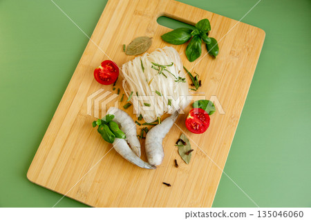 Set for low-calorie soup shrimp rice noodles bay leaf basil 135046060