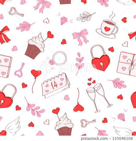Seamless pattern Love elements set. Valentine's day hand drawn decorative elements. Cartoon doodle icons. Vector background illustration. 135046108