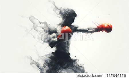 拳擊手的動態輪廓 抽象墨跡飛濺 簡單的拳擊插圖 135046156