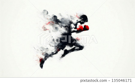 拳擊手的動態輪廓 抽象墨跡飛濺 簡單的拳擊插圖 135046171