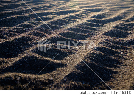 在傾斜的光線下，沙灘的波浪漸漸顯現出來。 135046318