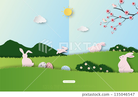 Happy Easter greeting card,celebrate theme with cute cartoon rabbits and easter eggs on spring garden Happy Easter greeting card,celebrate theme with cute cartoon rabbits and easter eggs on spring garden 135046547