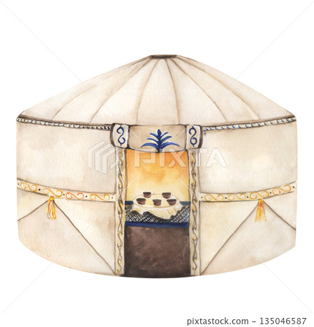 Watercolor Traditional Yurt Interior View with Open Door 135046587