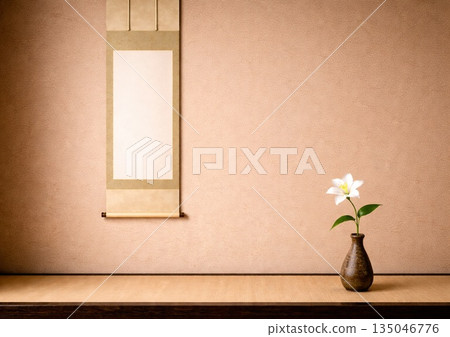 Hanging scroll and a single white flower 135046776