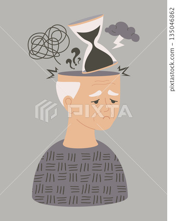 Mental Health and Dementia Awareness. Sad Unhappy Elderly Man with Hourglass, Storm Cloud and Tangled Thoughts. Concept for Aging Alzheimer Disease and Wellness Support. Vector Illustration. Not AI 135046862