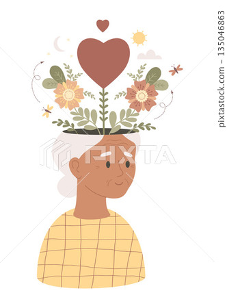 Mental Health. Black Elderly Woman with Flowers and Heart from her head. Senior Peace of Mind and Wellness, Positive Mindset, emotional well-being. Vector Flat Illustration Not AI Mental Health. Black Elderly Woman with Flowers and Heart from her head. Senior Peace of Mind and Wellness, Positive Mindset, emotional well-being. Vector Flat Illustration Not AI 135046863