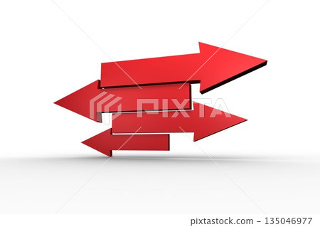 Four red 3D arrows are stacking staggered vertically, casting subtle grey shadows on white backdrop 135046977
