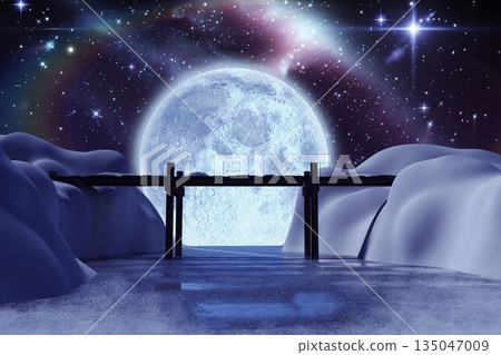 Bridge on snow covered mountain against full moon Bridge on snow covered mountain against full moon 135047009