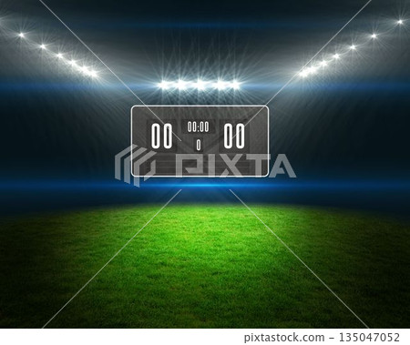 Football pitch with scoreboard and lights Football pitch with scoreboard and lights 135047052