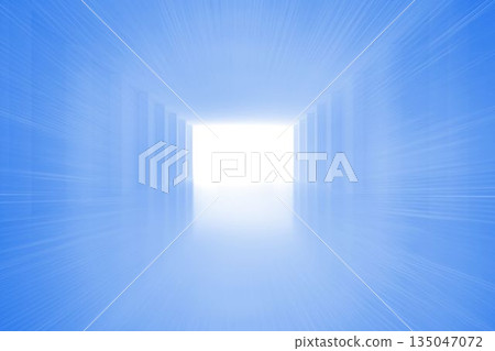 Bright white portal is emerging in blue 3D corridor with reflective floor and radial blur Bright white portal is emerging in blue 3D corridor with reflective floor and radial blur 135047072