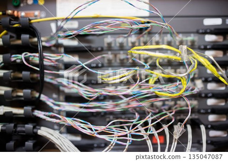 Flat vector is showing multicolored twisted-pair and yellow-sheathed cables through plastic rings 135047087