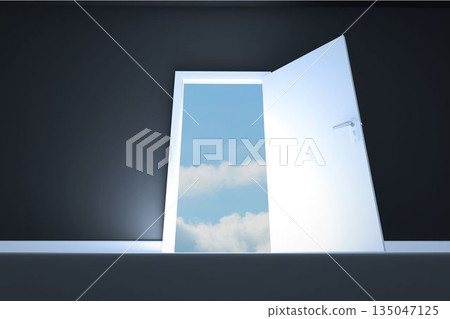 Door opening in dark room to show sky 135047125