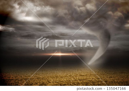 Stormy sky with tornado over field Stormy sky with tornado over field 135047166