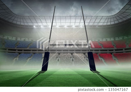 Flat design rugby pitch is showing centre goalposts, fog, floodlights, tiered seating, roof Flat design rugby pitch is showing centre goalposts, fog, floodlights, tiered seating, roof 135047167