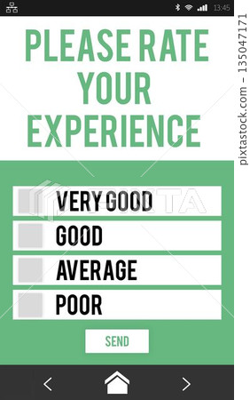 Feedback form UI is showing on transparent smartphone screen, with checkboxes, green send button Feedback form UI is showing on transparent smartphone screen, with checkboxes, green send button 135047171