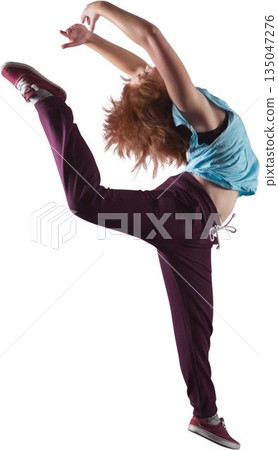 Teenage dancer is high-kicking in flat design with tank top, pants, sneakers on white backdrop 135047276