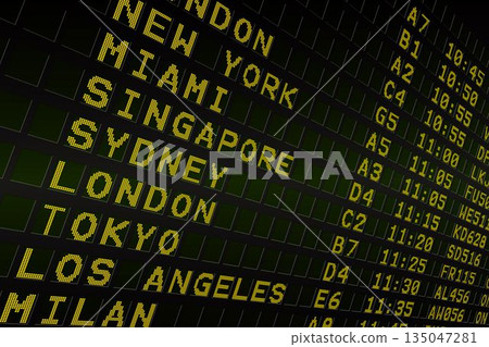 Black airport departures board with yellow text 135047281