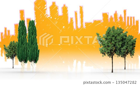 Trees against orange city skyline Trees against orange city skyline 135047282