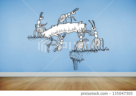 Working ants on blue wall Working ants on blue wall 135047305